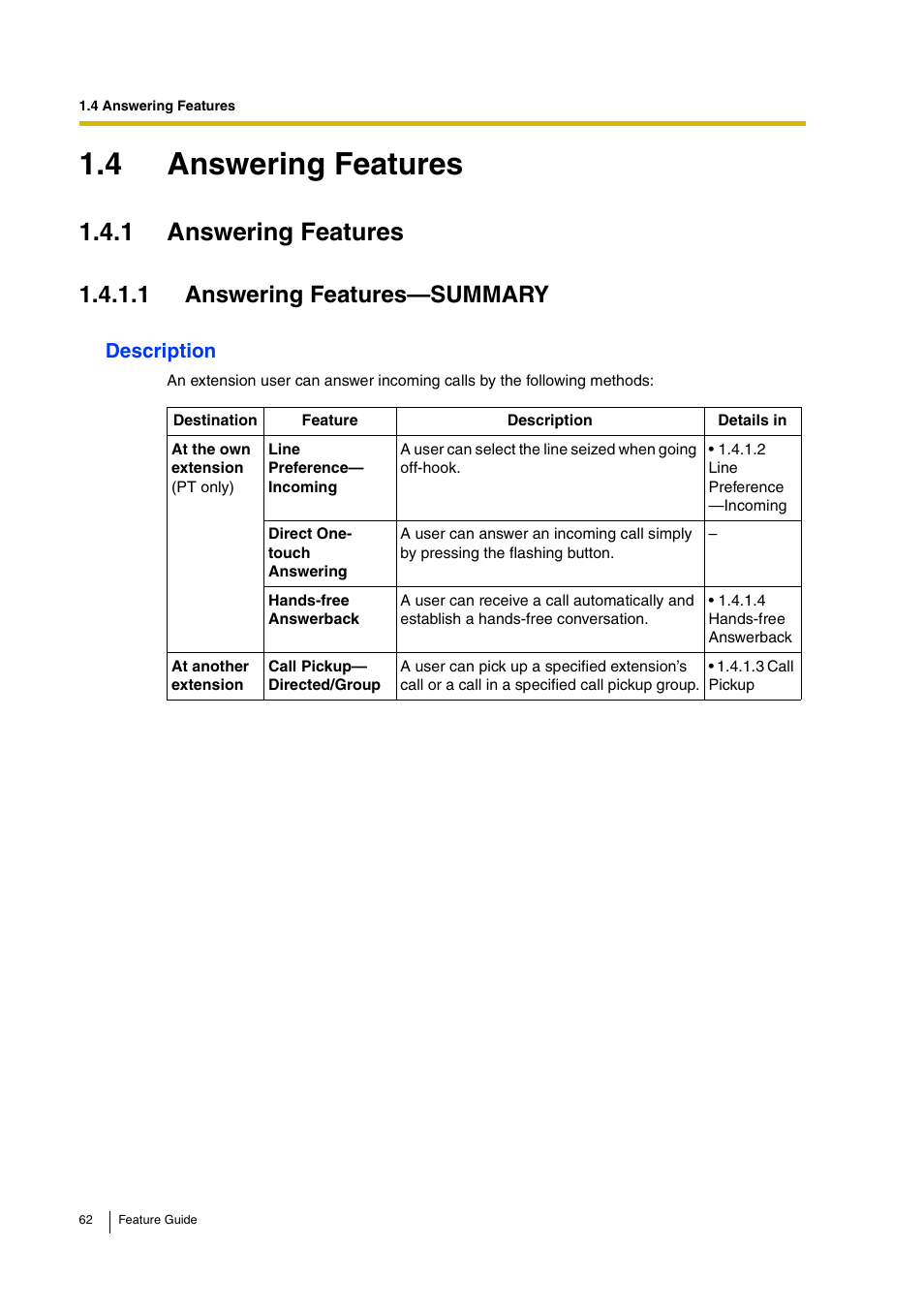 4 answering features, 1 answering features, 1 answering features—summary | Panasonic HYBRID IP-PBX KX-TDA200 User Manual | Page 62 / 358