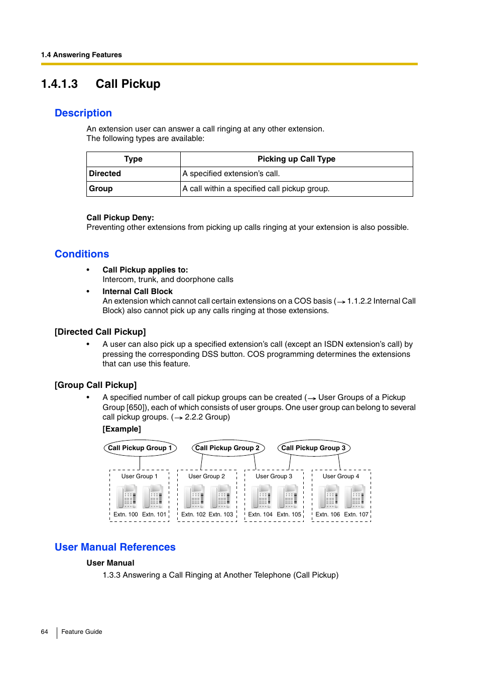 3 call pickup, Description, Conditions | User manual references | Panasonic HYBRID IP-PBX KX-TDA200 User Manual | Page 64 / 358