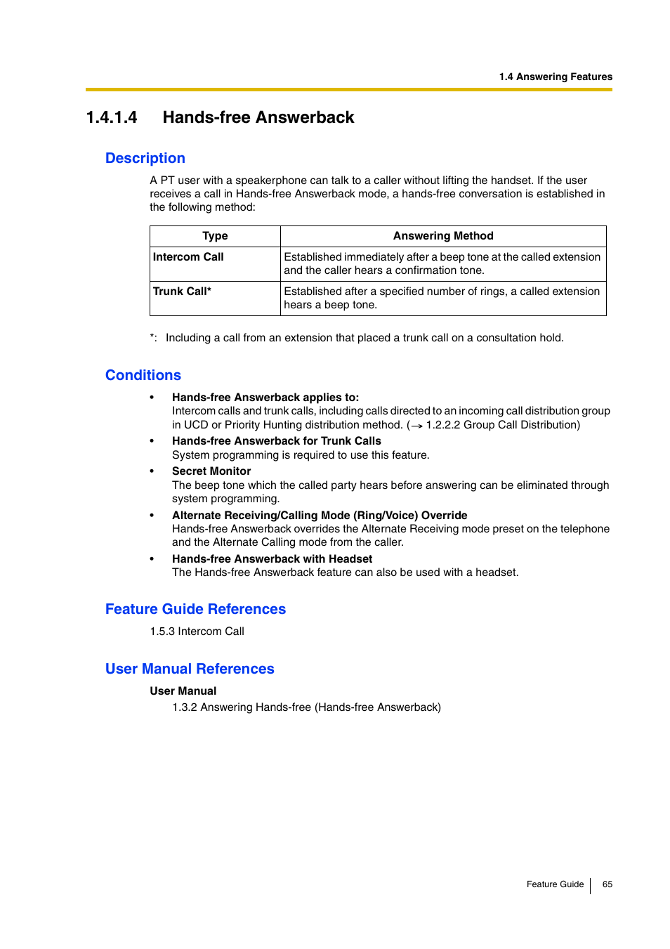 4 hands-free answerback, Description, Conditions | Feature guide references, User manual references | Panasonic HYBRID IP-PBX KX-TDA200 User Manual | Page 65 / 358