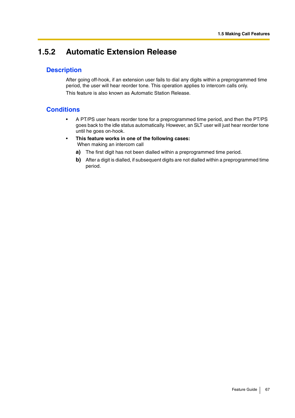 2 automatic extension release, Description, Conditions | Panasonic HYBRID IP-PBX KX-TDA200 User Manual | Page 67 / 358