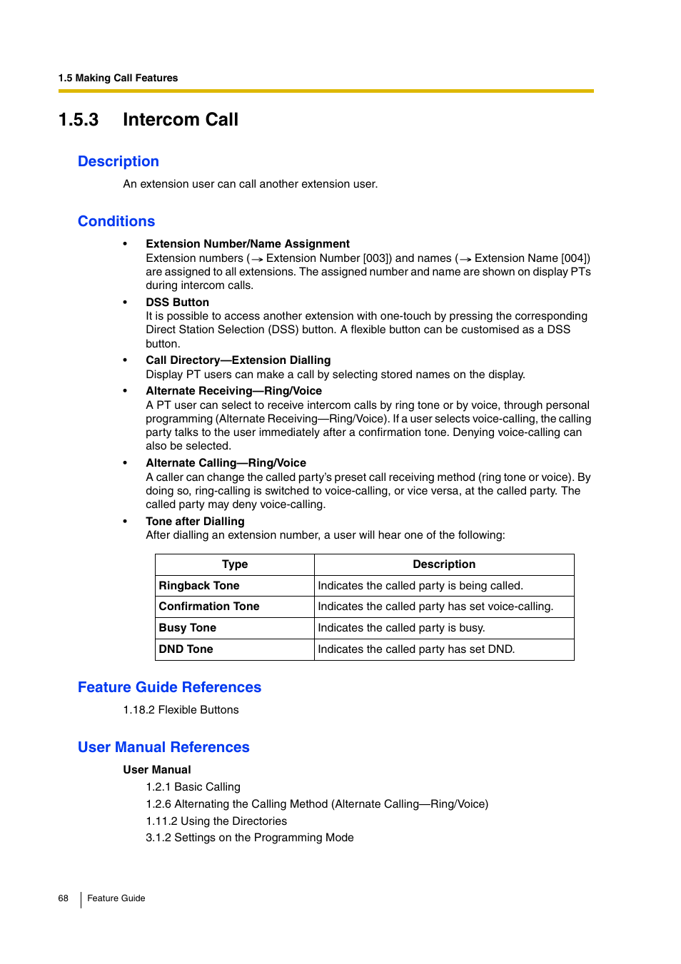 3 intercom call, Description, Conditions | Feature guide references, User manual references | Panasonic HYBRID IP-PBX KX-TDA200 User Manual | Page 68 / 358