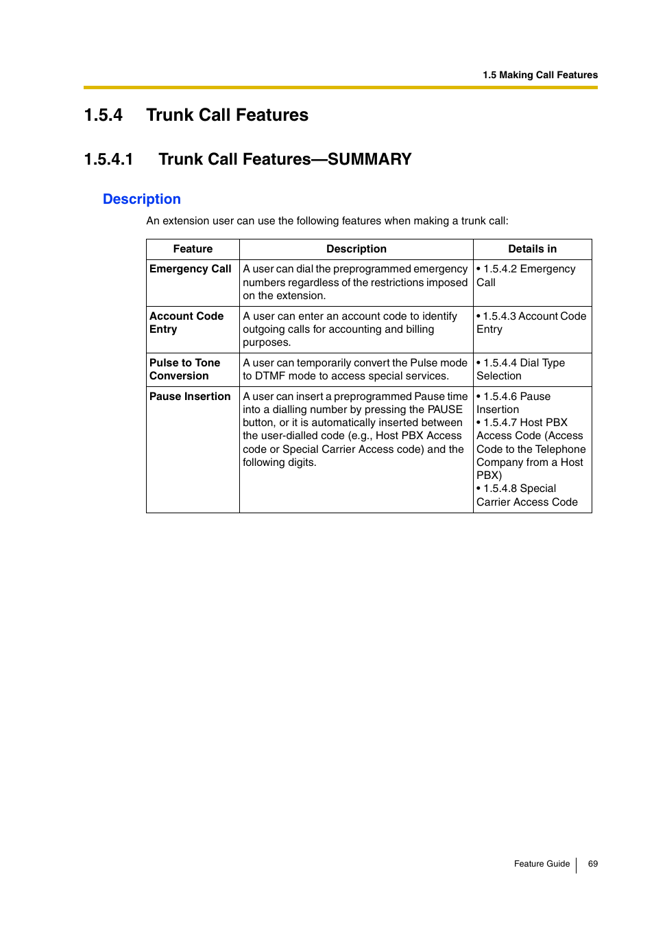 4 trunk call features, 1 trunk call features—summary, Description | Panasonic HYBRID IP-PBX KX-TDA200 User Manual | Page 69 / 358