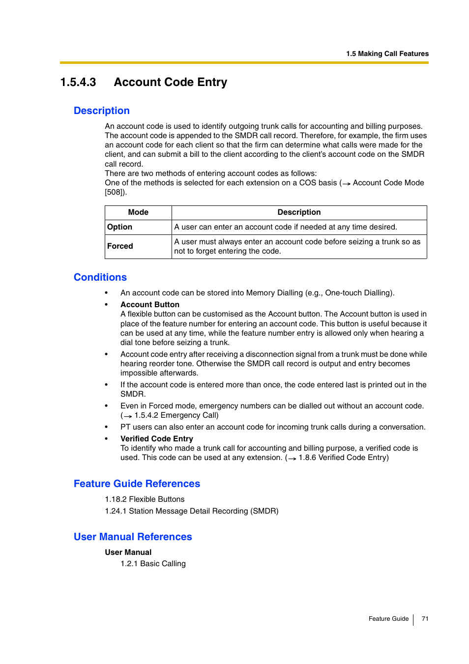 3 account code entry, Description, Conditions | Feature guide references, User manual references | Panasonic HYBRID IP-PBX KX-TDA200 User Manual | Page 71 / 358