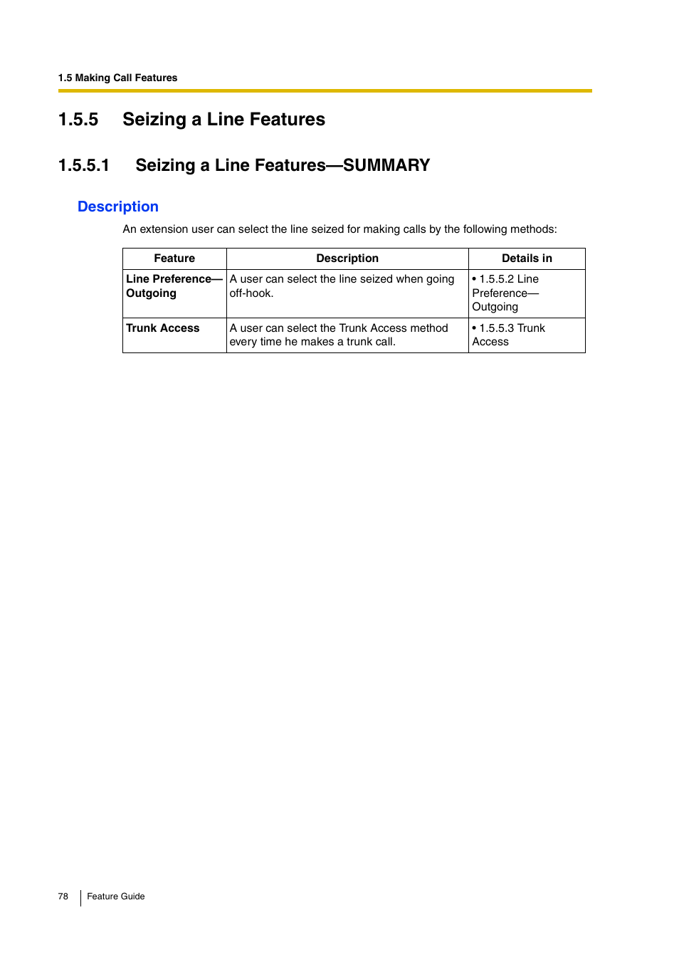 5 seizing a line features, 1 seizing a line features—summary | Panasonic HYBRID IP-PBX KX-TDA200 User Manual | Page 78 / 358