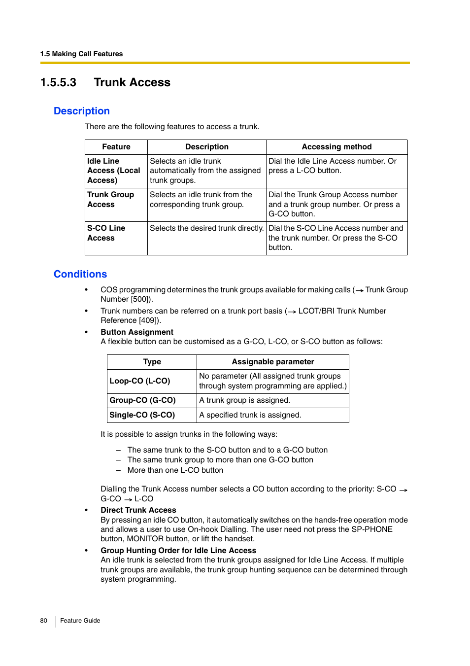 3 trunk access, Description, Conditions | Panasonic HYBRID IP-PBX KX-TDA200 User Manual | Page 80 / 358