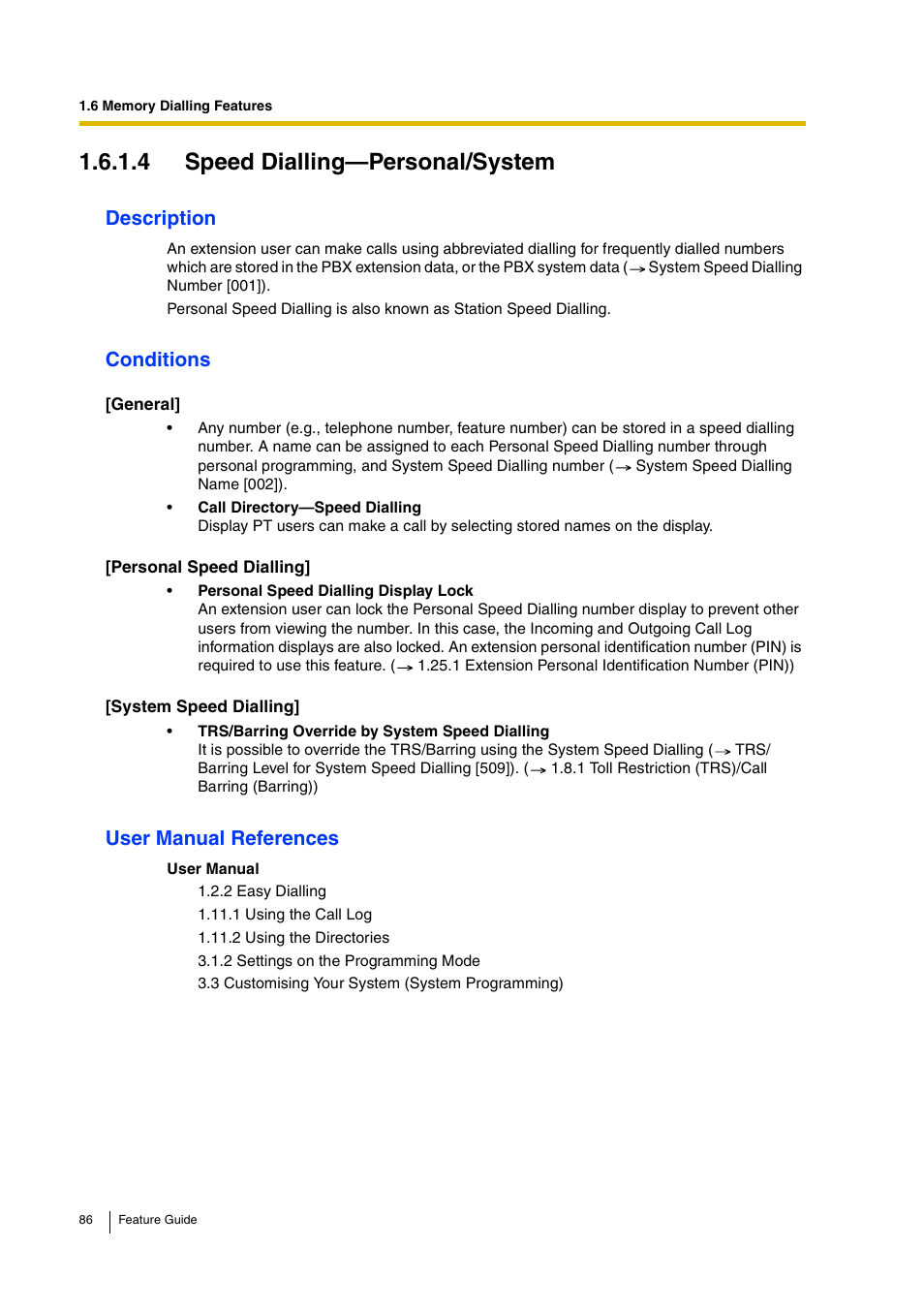 4 speed dialling—personal/system, 4 speed dialling— personal/ system, 4 speed dialling—personal/system) | Description, Conditions, User manual references | Panasonic HYBRID IP-PBX KX-TDA200 User Manual | Page 86 / 358