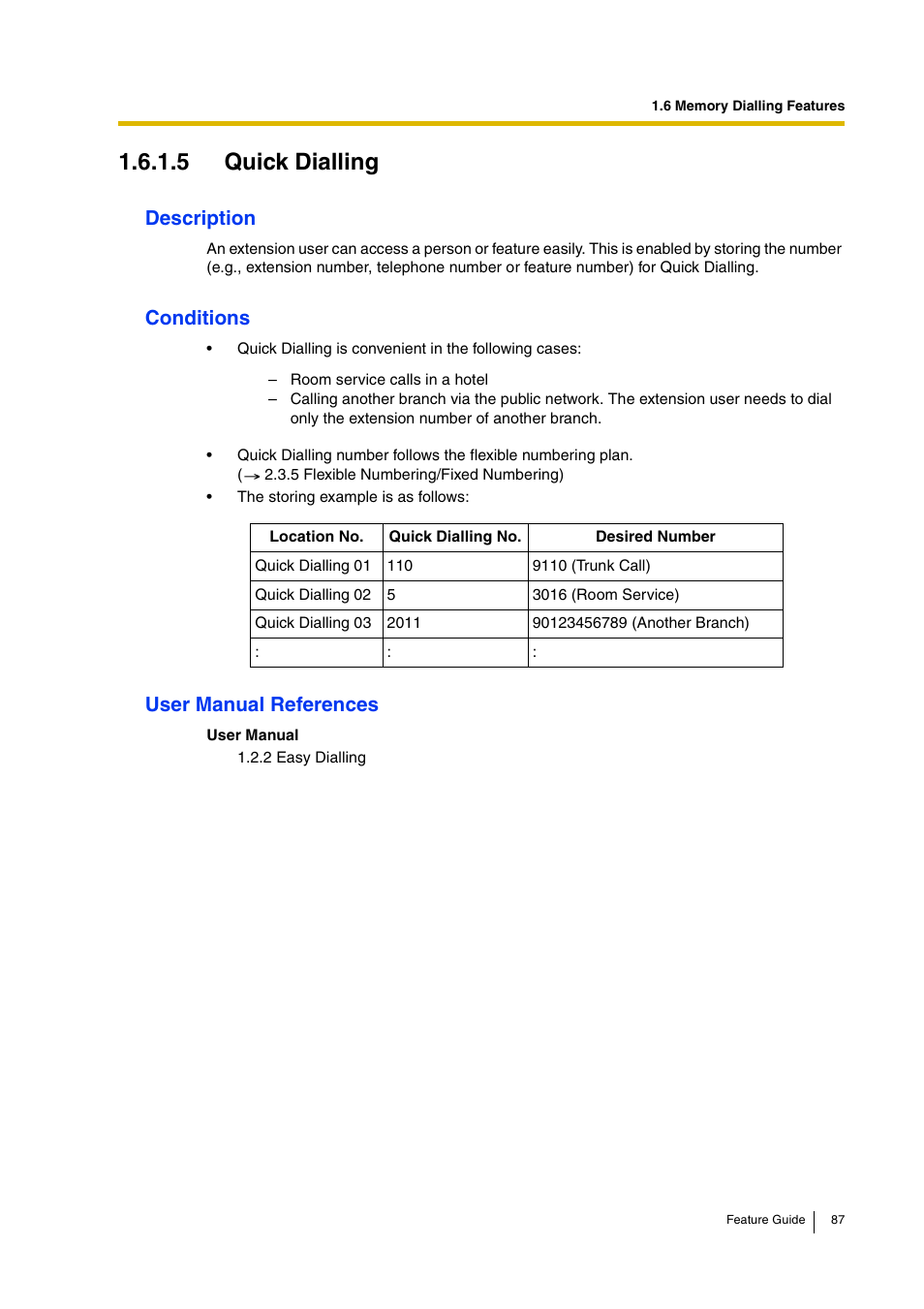 5 quick dialling, Description, Conditions | User manual references | Panasonic HYBRID IP-PBX KX-TDA200 User Manual | Page 87 / 358