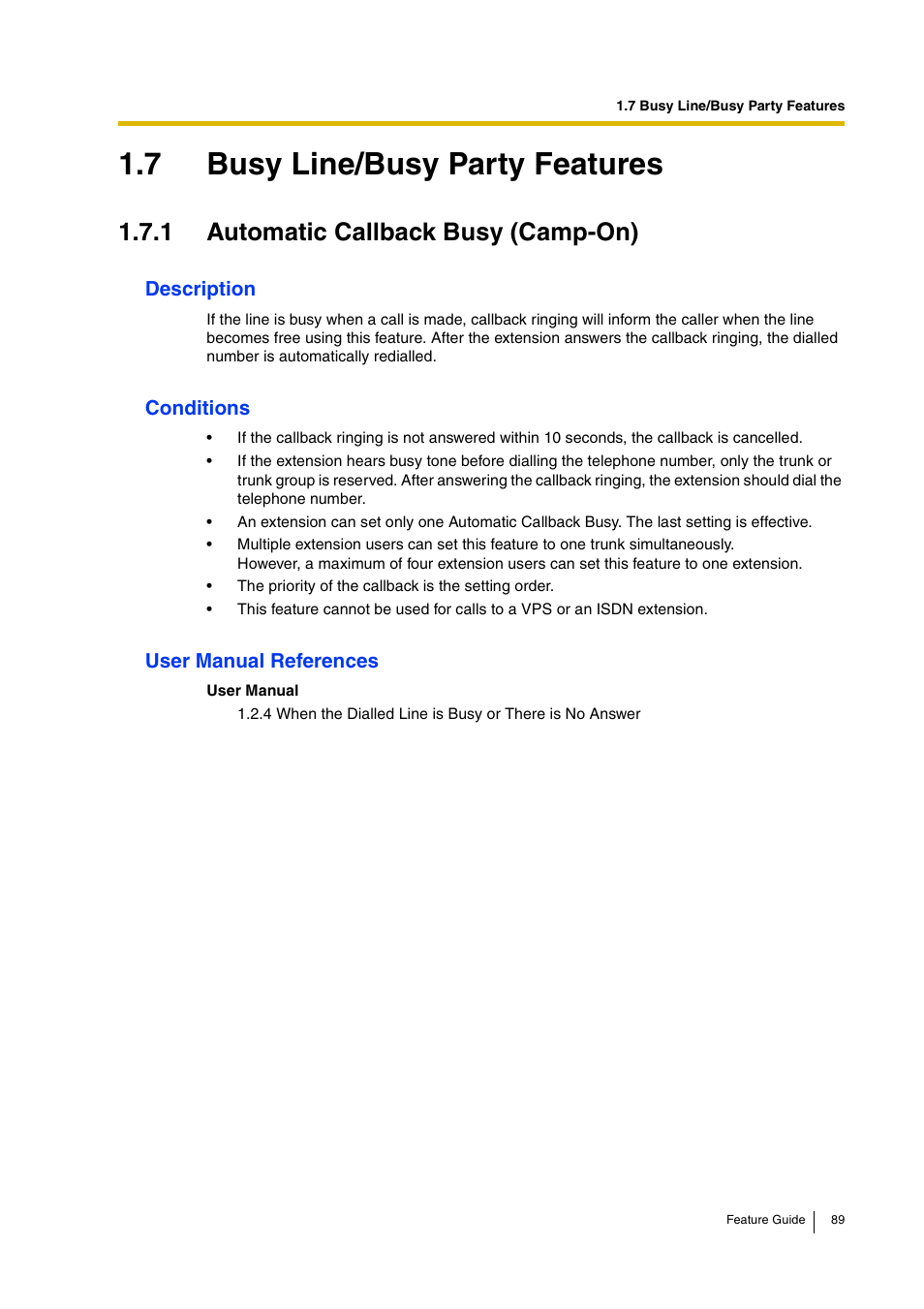 7 busy line/busy party features, 1 automatic callback busy (camp-on) | Panasonic HYBRID IP-PBX KX-TDA200 User Manual | Page 89 / 358