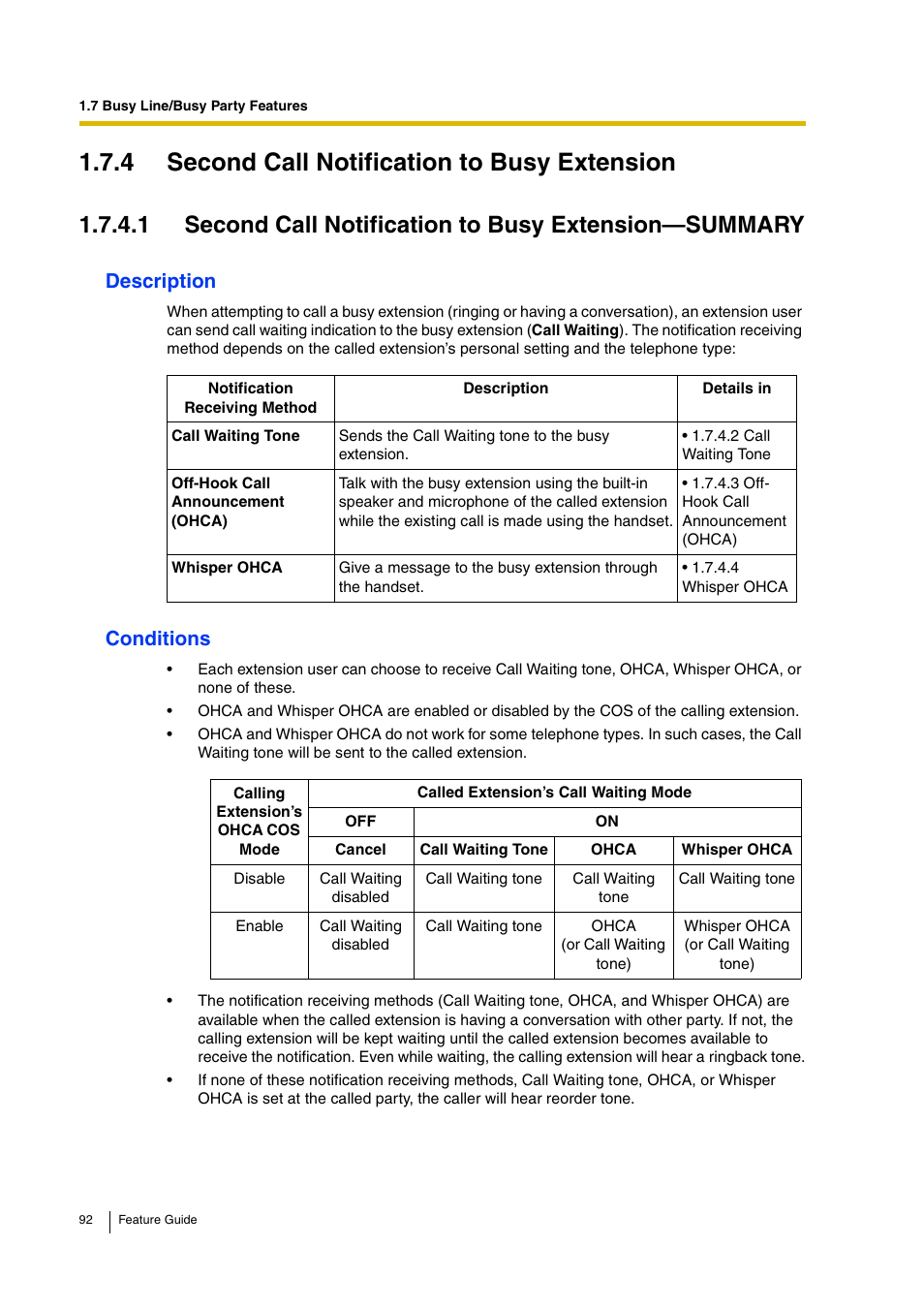4 second call notification to busy extension, Description, Conditions | Panasonic HYBRID IP-PBX KX-TDA200 User Manual | Page 92 / 358