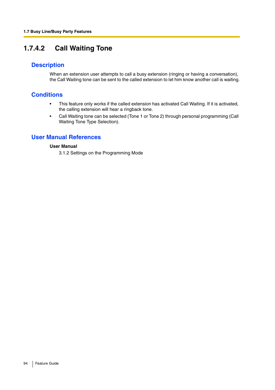 2 call waiting tone | Panasonic HYBRID IP-PBX KX-TDA200 User Manual | Page 94 / 358