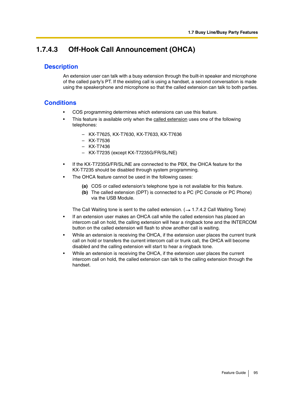 3 off-hook call announcement (ohca), 3 off-hook call announcement (ohca)), Description | Conditions | Panasonic HYBRID IP-PBX KX-TDA200 User Manual | Page 95 / 358