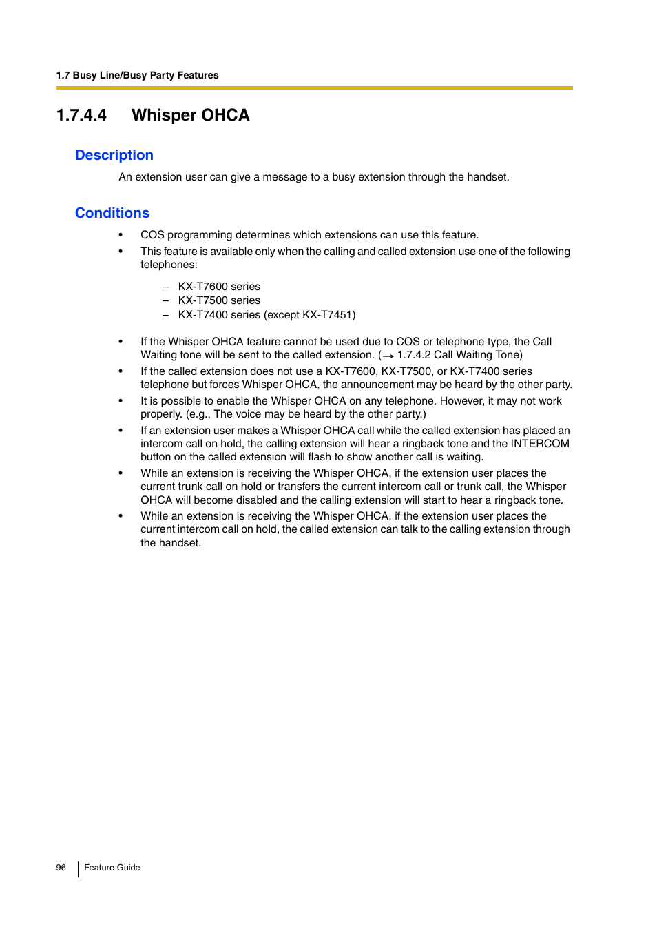 4 whisper ohca, Description, Conditions | Panasonic HYBRID IP-PBX KX-TDA200 User Manual | Page 96 / 358