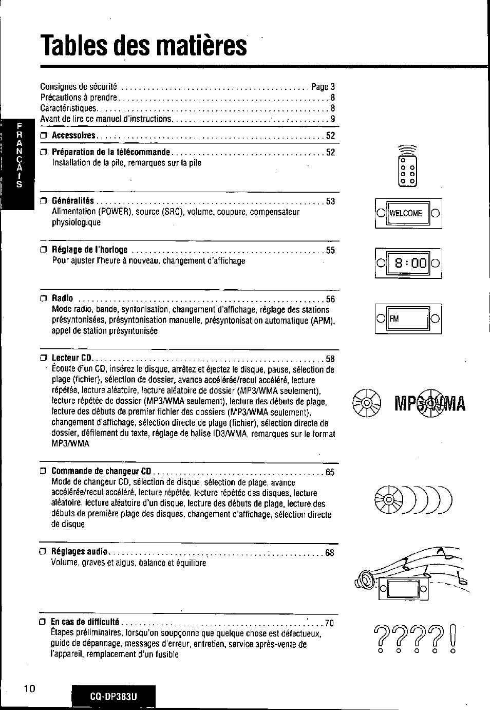 Panasonic Removable Front Panel MP3 WMA CD Player/Receiver with CD Changer Control CQ-DP383U User Manual | Page 10 / 124