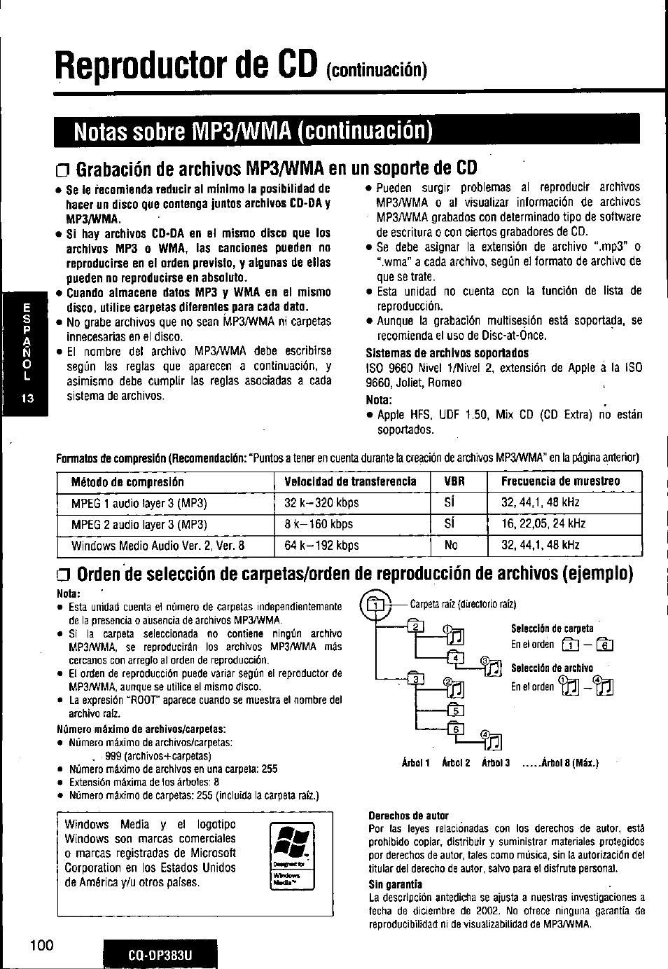 Grabación de archivos mp3/wma en, Un soporte de cd, Reproductor de cd | Notas sobre mp3/wma (continuación), Continuación) | Panasonic Removable Front Panel MP3 WMA CD Player/Receiver with CD Changer Control CQ-DP383U User Manual | Page 100 / 124