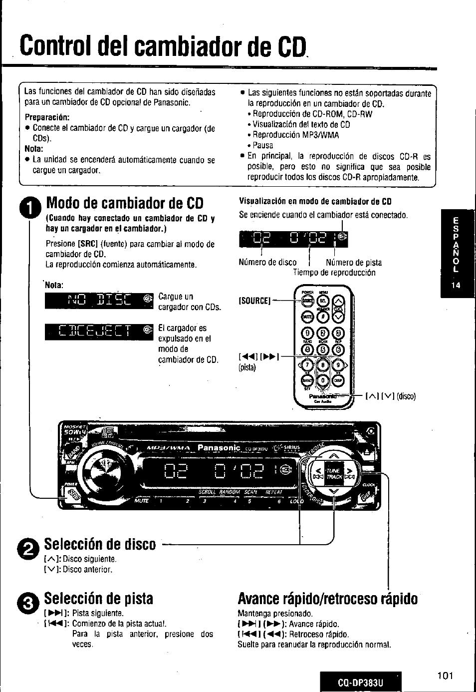 Control del cambiador de cd, Modo de cambiador de cd, Selección de disco | Selección de pista, Avance rápido/retroceso rápido | Panasonic Removable Front Panel MP3 WMA CD Player/Receiver with CD Changer Control CQ-DP383U User Manual | Page 101 / 124