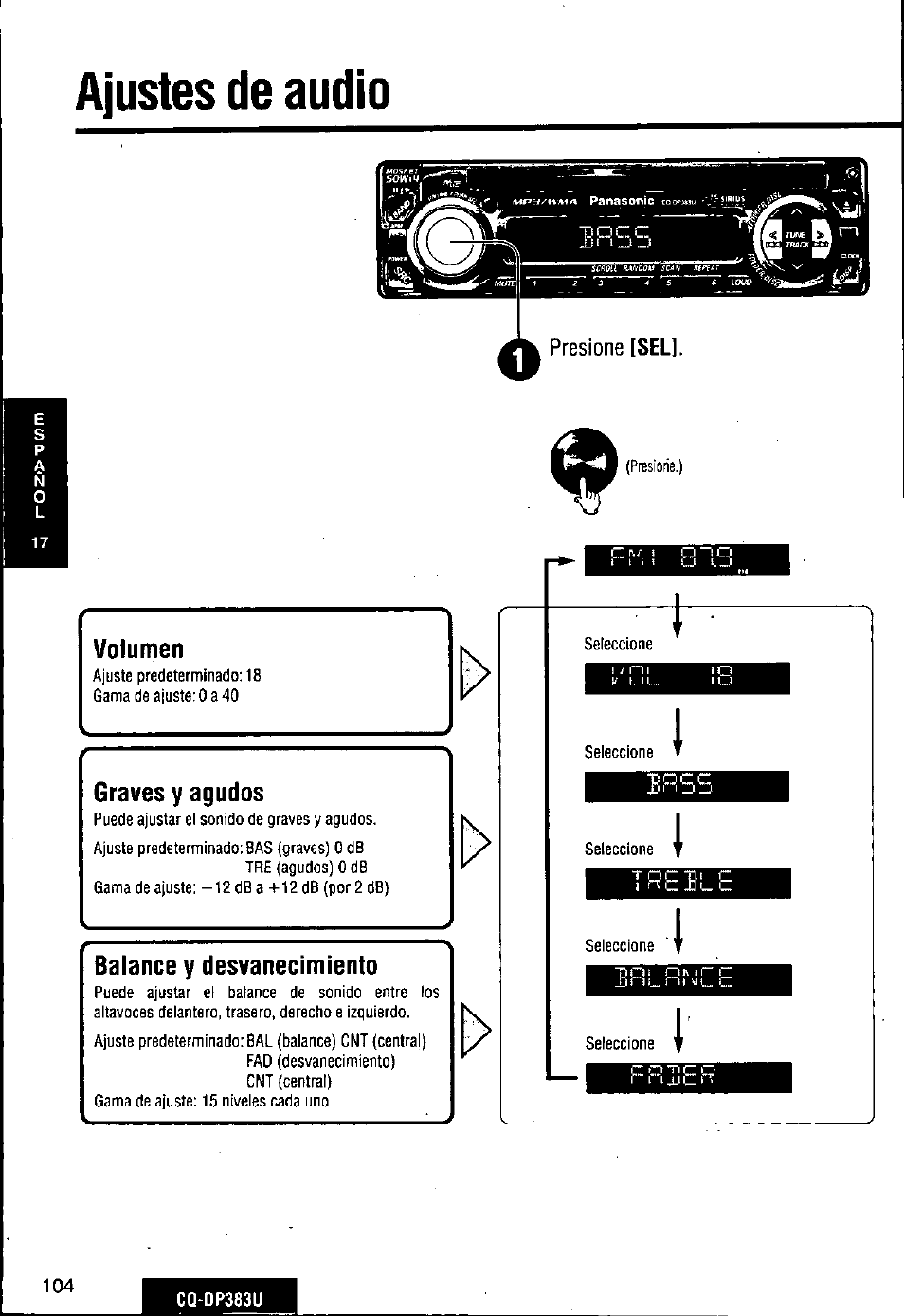 Ajustes de audio, Presione [sel, Volumen | Graves y agudos, Balance y desvanecimiento, Jj ■ 1 ^ _!j ■1^ пискля | Panasonic Removable Front Panel MP3 WMA CD Player/Receiver with CD Changer Control CQ-DP383U User Manual | Page 104 / 124