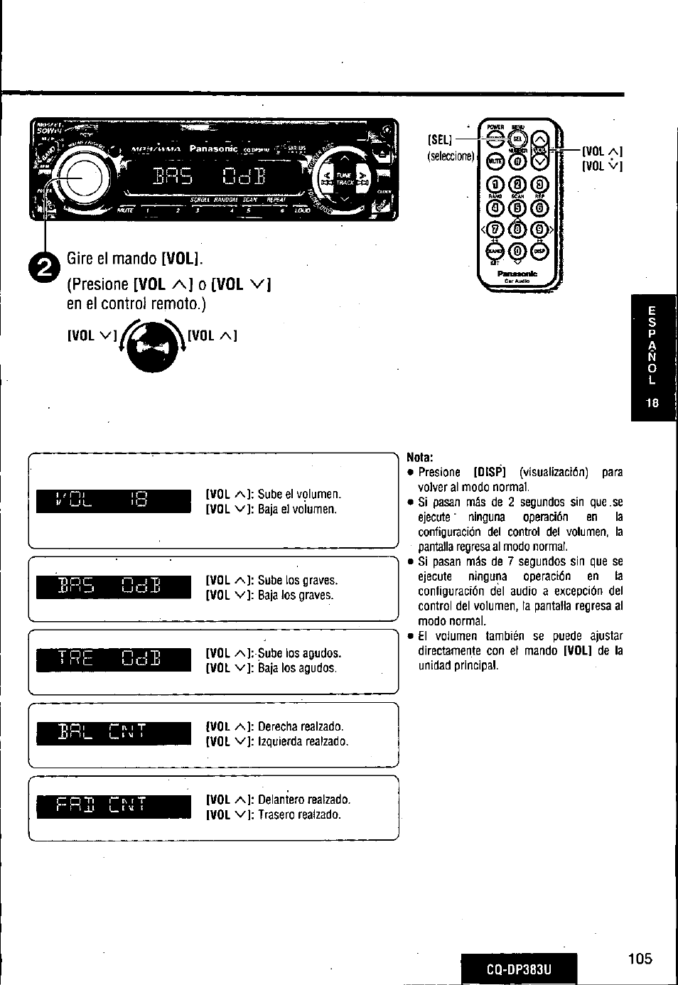 Gire el mando [vol, Presione [vol a] o [vol v] en el control remoto.), Vol v | Nota, Tpe go !b | Panasonic Removable Front Panel MP3 WMA CD Player/Receiver with CD Changer Control CQ-DP383U User Manual | Page 105 / 124