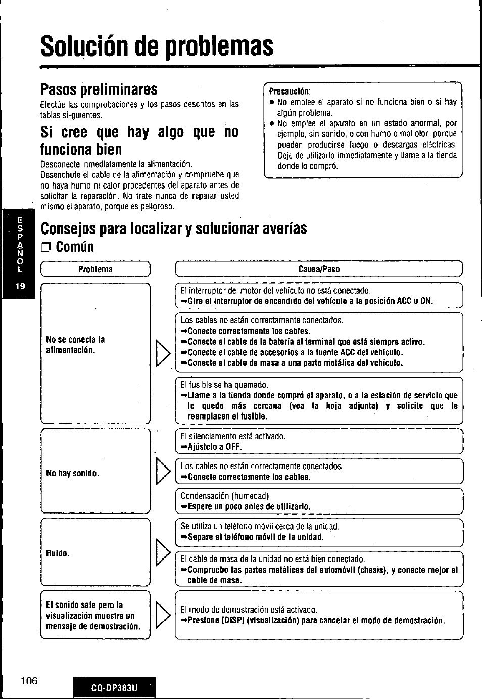 Común, Solución de problemas, Pasos preliminares | Si cree que hay algo que no funciona bien, Consejos para localizar y solucionar averías | Panasonic Removable Front Panel MP3 WMA CD Player/Receiver with CD Changer Control CQ-DP383U User Manual | Page 106 / 124