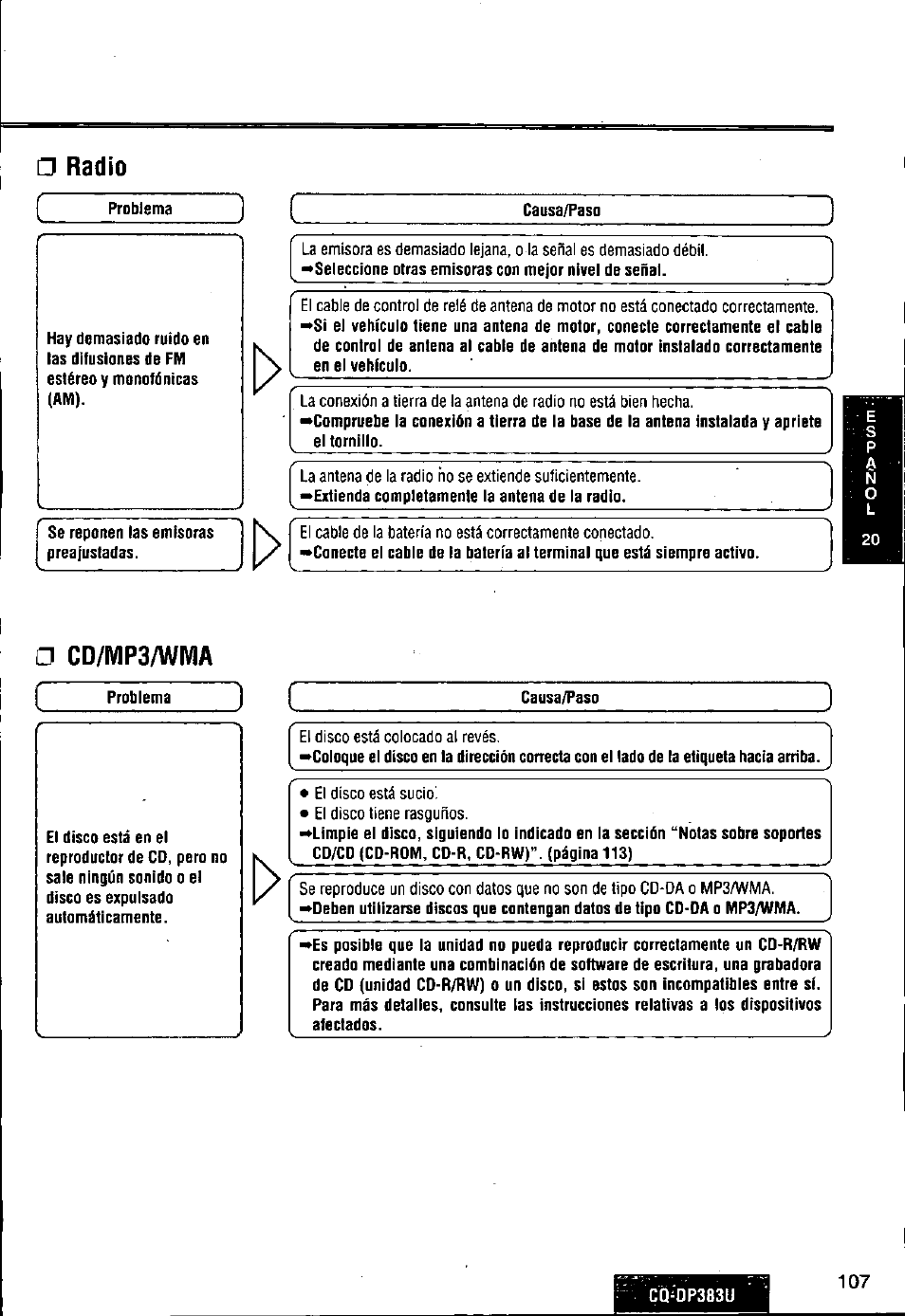 Radio, O cd/mp3/wivia | Panasonic Removable Front Panel MP3 WMA CD Player/Receiver with CD Changer Control CQ-DP383U User Manual | Page 107 / 124