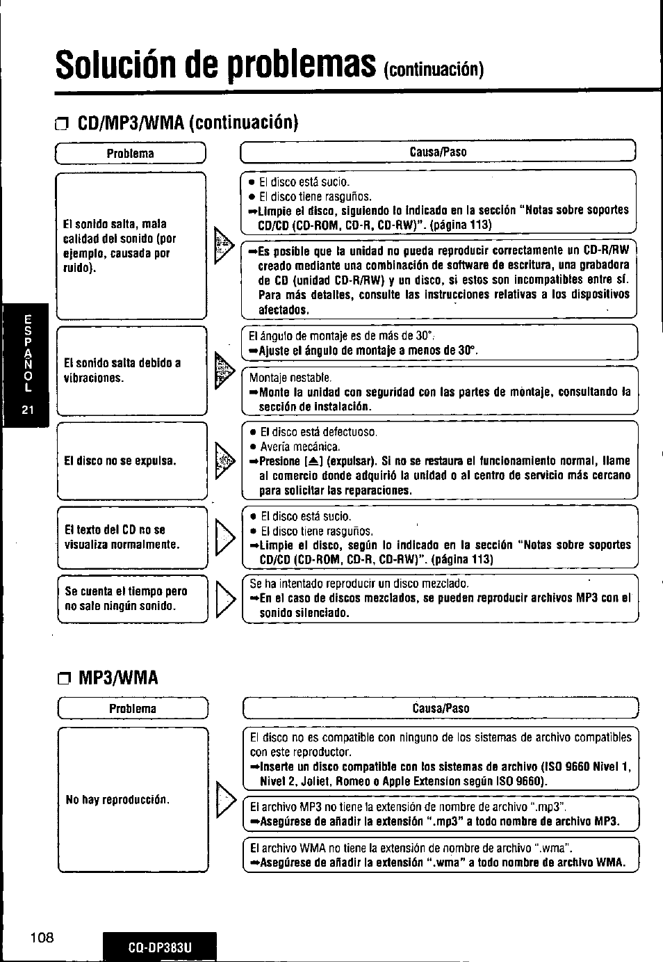 Cd/mp3/wivia (continuación), Ivip3/wivia, Solución de problemas | Panasonic Removable Front Panel MP3 WMA CD Player/Receiver with CD Changer Control CQ-DP383U User Manual | Page 108 / 124