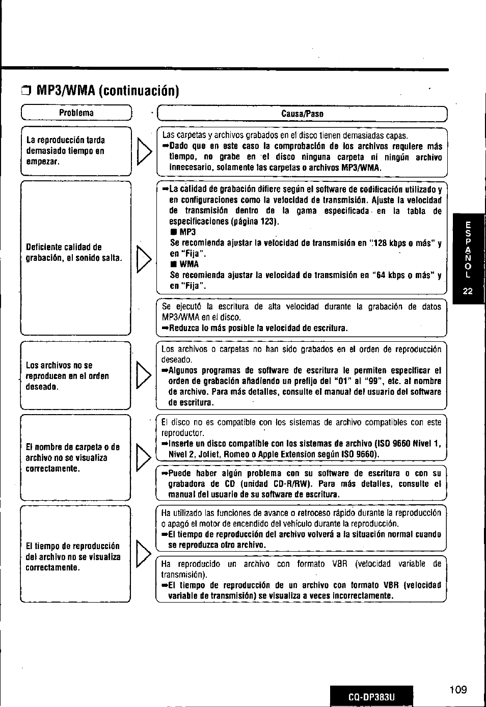 О mp3/wma (continuación) | Panasonic Removable Front Panel MP3 WMA CD Player/Receiver with CD Changer Control CQ-DP383U User Manual | Page 109 / 124