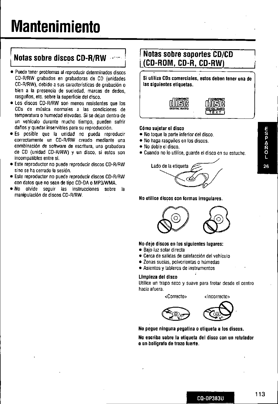 Mantenimiento, I notas sobre discos cd-r/rw ~ j | Panasonic Removable Front Panel MP3 WMA CD Player/Receiver with CD Changer Control CQ-DP383U User Manual | Page 113 / 124