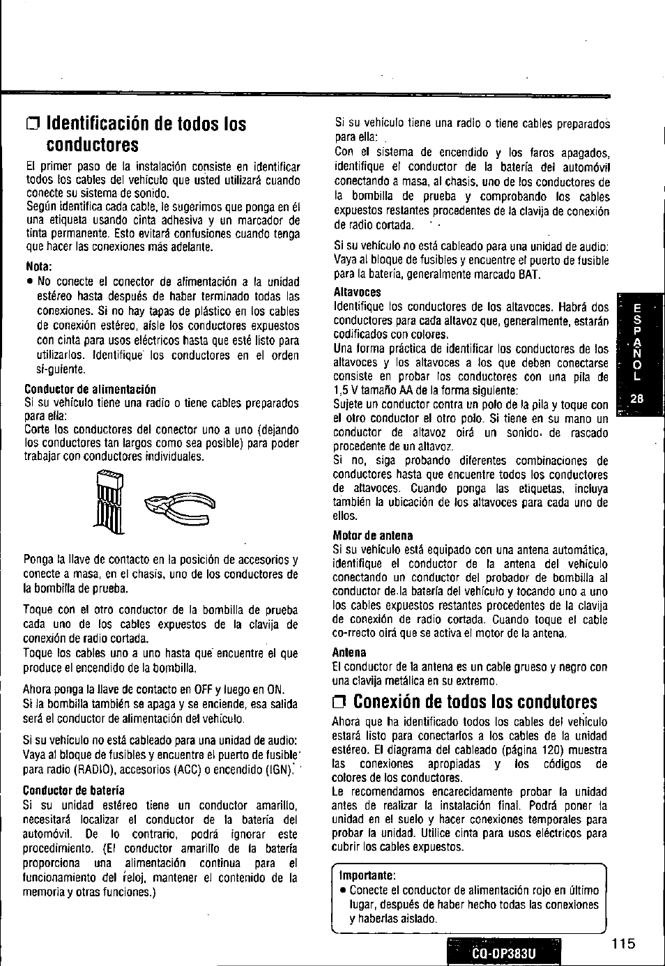 Identificación de todos los conductores, Conexión de todos los condutores | Panasonic Removable Front Panel MP3 WMA CD Player/Receiver with CD Changer Control CQ-DP383U User Manual | Page 115 / 124