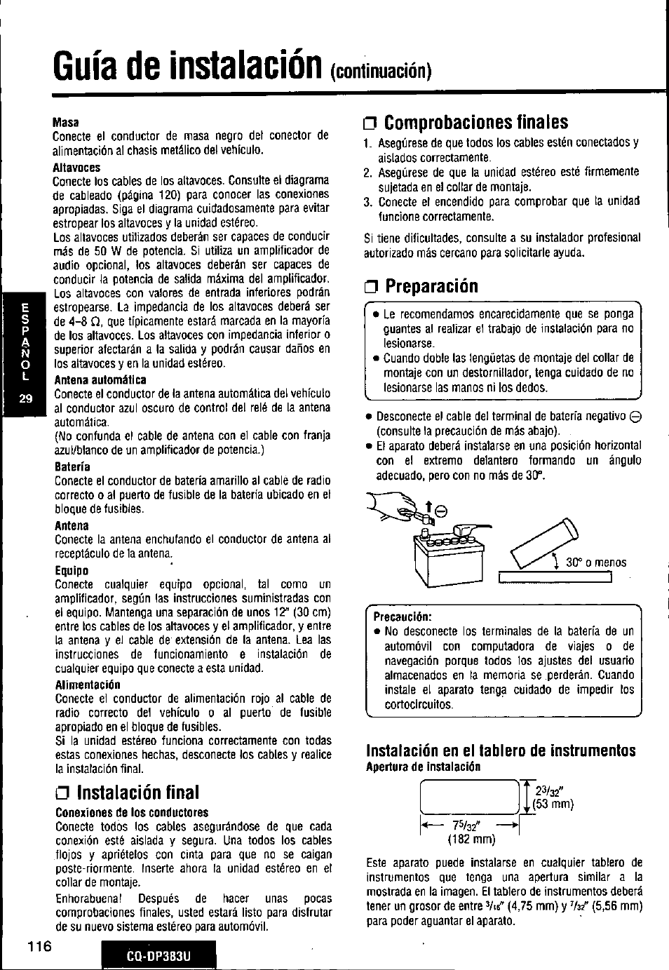 G instalación final, G comprobaciones finales, G preparación | Instalación en el tablero de instrumentos, Guía de instalación, Continuación) | Panasonic Removable Front Panel MP3 WMA CD Player/Receiver with CD Changer Control CQ-DP383U User Manual | Page 116 / 124