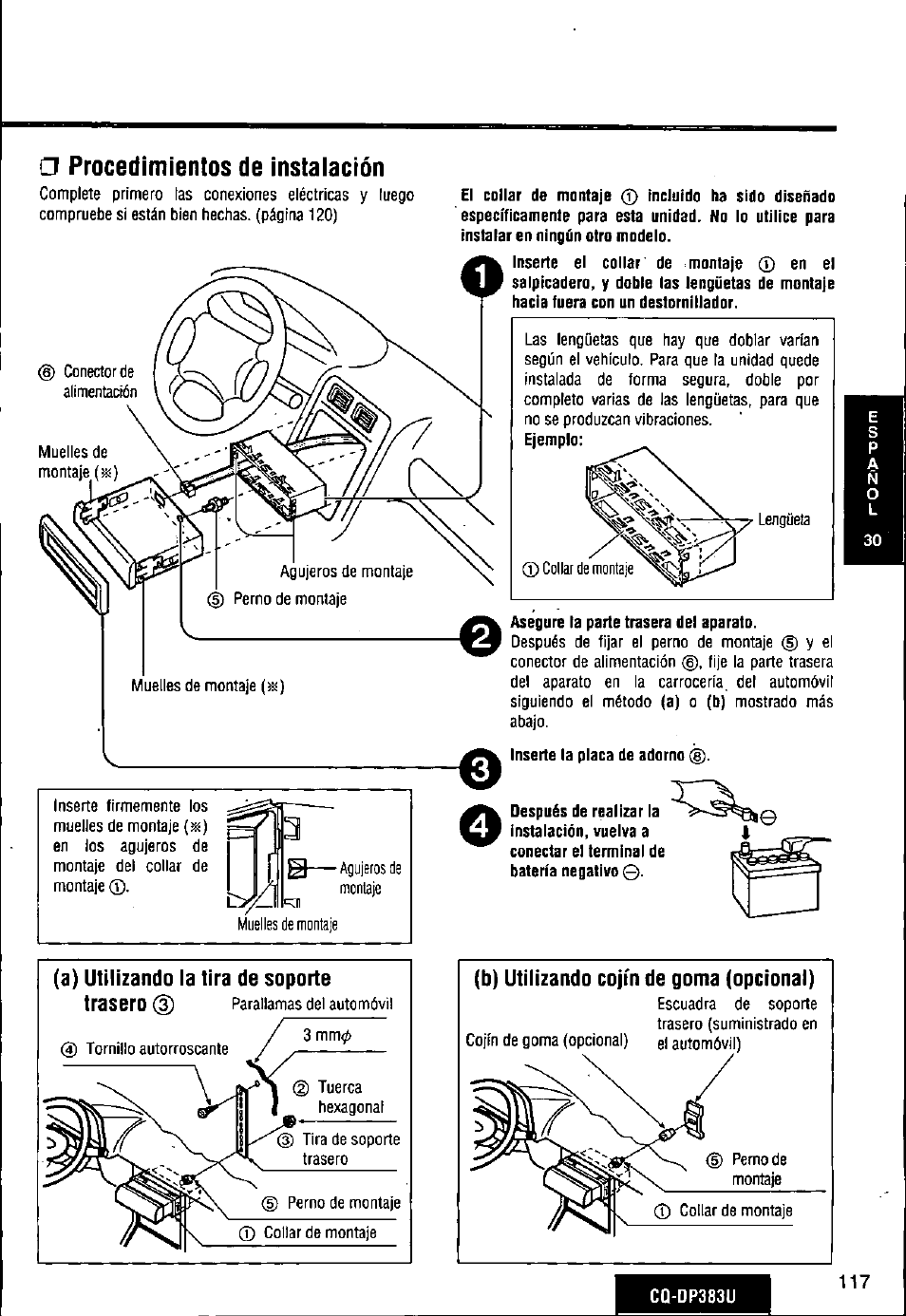 G procedimientos de instaiacíón, B) utilizando cojín de goma (opcional) | Panasonic Removable Front Panel MP3 WMA CD Player/Receiver with CD Changer Control CQ-DP383U User Manual | Page 117 / 124