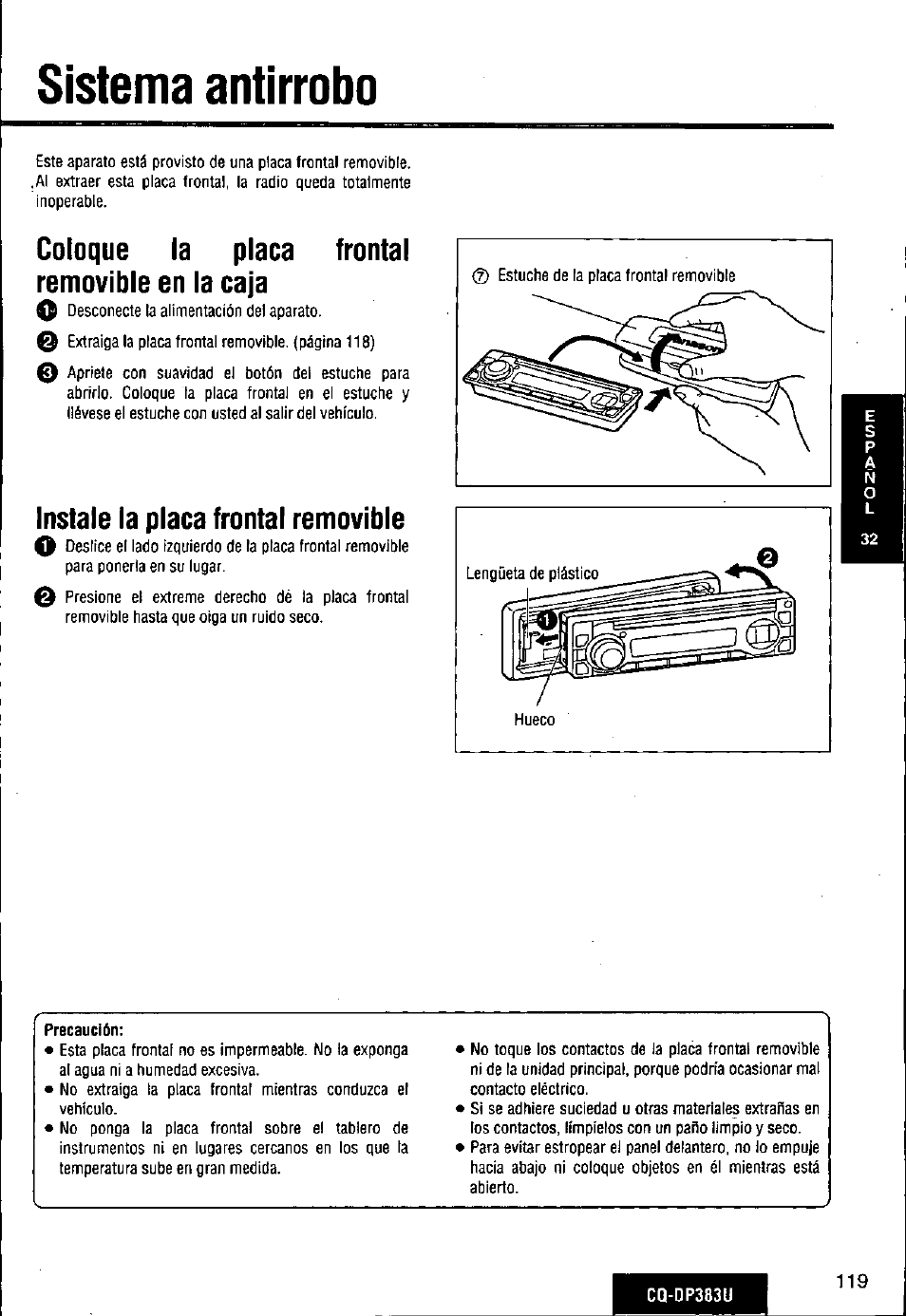 Sistema antírrobo, D sistema antirrobo, Coloque la placa frontal removible en la caja | Instale la placa frontal removible | Panasonic Removable Front Panel MP3 WMA CD Player/Receiver with CD Changer Control CQ-DP383U User Manual | Page 119 / 124