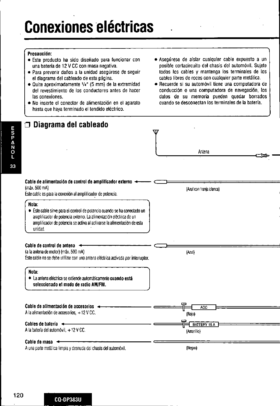 Conexiones eléctricas, Diagrama del cableado | Panasonic Removable Front Panel MP3 WMA CD Player/Receiver with CD Changer Control CQ-DP383U User Manual | Page 120 / 124