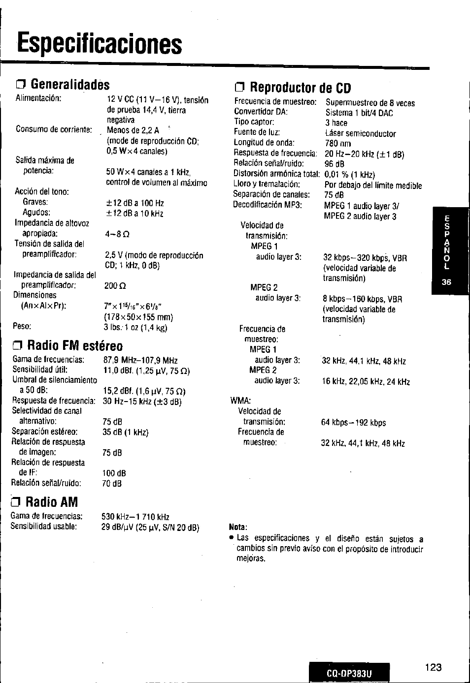 Especificaciones, G reproductor de cd, Reproductor de cd | Generaiidades, Radio fm estereo, Radío am | Panasonic Removable Front Panel MP3 WMA CD Player/Receiver with CD Changer Control CQ-DP383U User Manual | Page 123 / 124