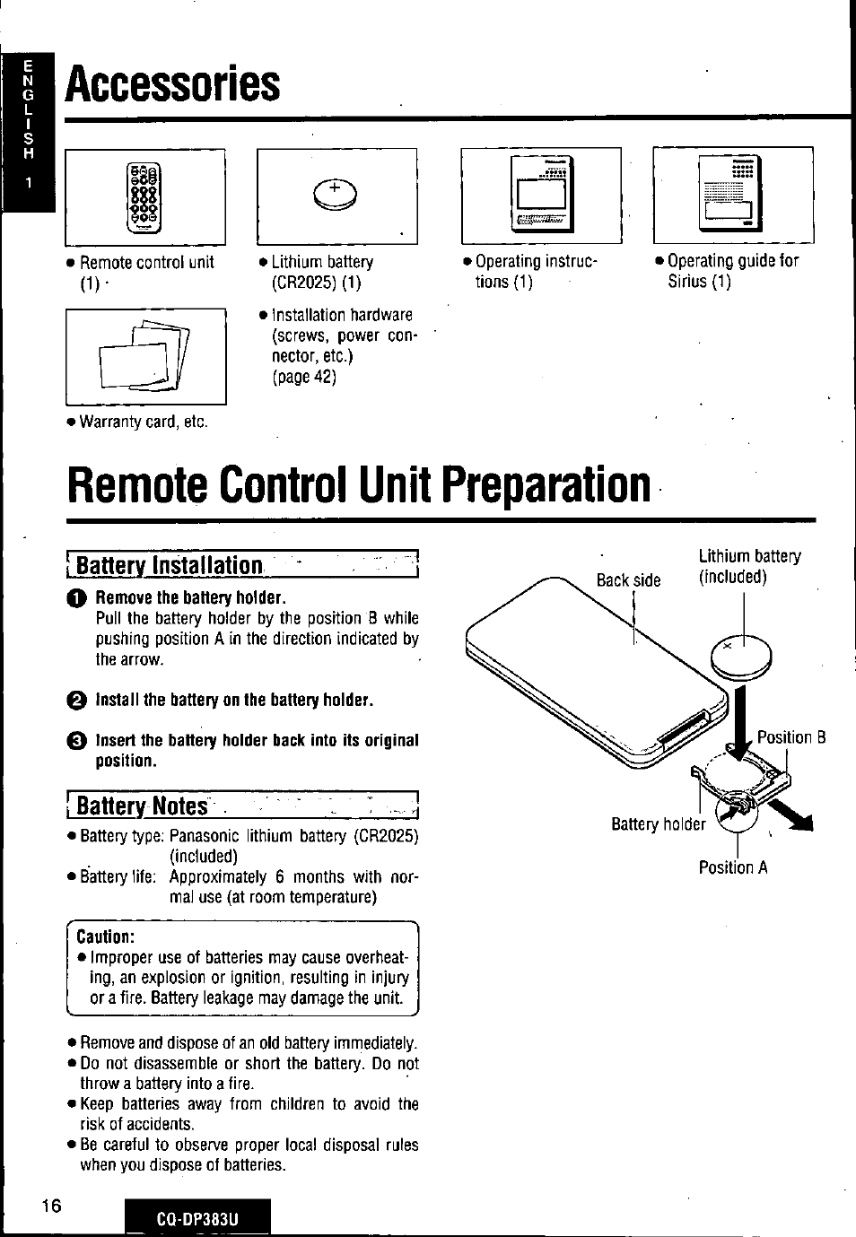 Accessories, Remote control unit preparation, I battery installation | 0 install the battery on the battery holder, Battery noles, Caution | Panasonic Removable Front Panel MP3 WMA CD Player/Receiver with CD Changer Control CQ-DP383U User Manual | Page 16 / 124