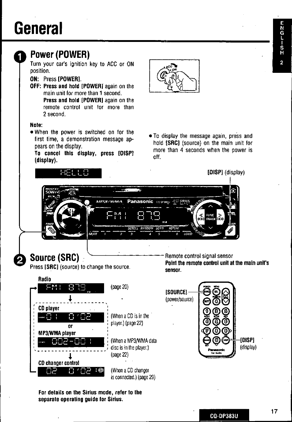 General, Power (power), Note | A source (src) | Panasonic Removable Front Panel MP3 WMA CD Player/Receiver with CD Changer Control CQ-DP383U User Manual | Page 17 / 124