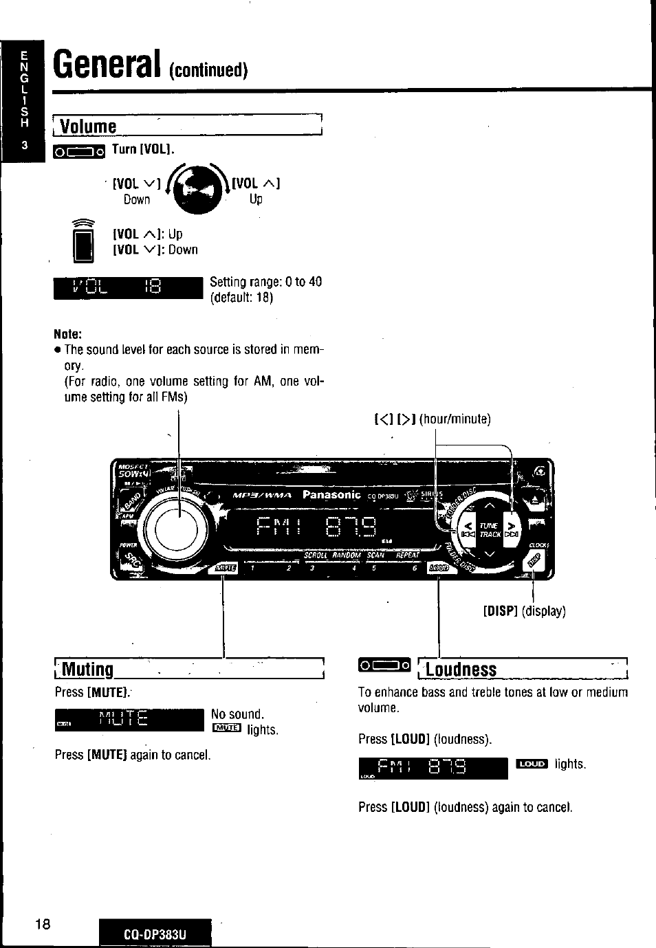 General, Continued), Volume | Turn [voli, Vol v, Vol a | Panasonic Removable Front Panel MP3 WMA CD Player/Receiver with CD Changer Control CQ-DP383U User Manual | Page 18 / 124