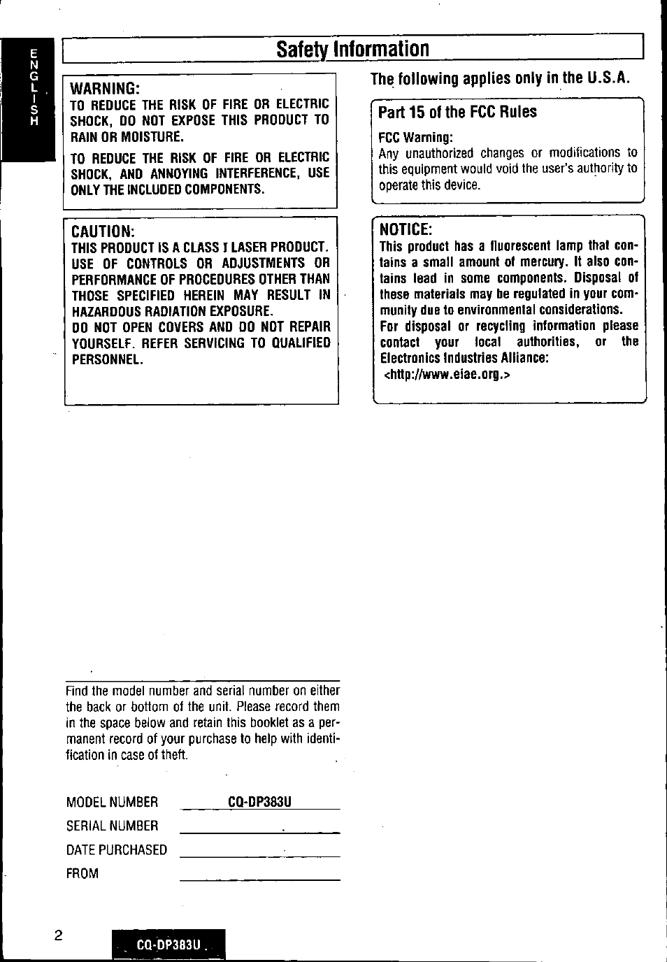 Warning, Caution, The following applies only in the u.s.a | Part 15 of the fcc rules, Safely information | Panasonic Removable Front Panel MP3 WMA CD Player/Receiver with CD Changer Control CQ-DP383U User Manual | Page 2 / 124
