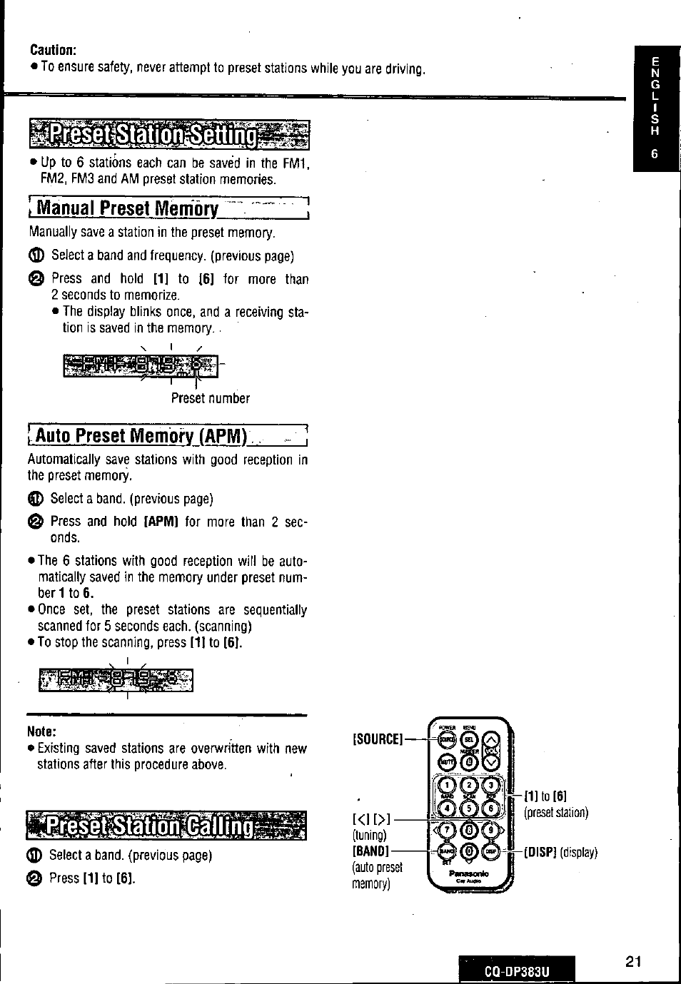 Caution, Manual preset fvlembrv, I auto preset memory (арм) | Panasonic Removable Front Panel MP3 WMA CD Player/Receiver with CD Changer Control CQ-DP383U User Manual | Page 21 / 124