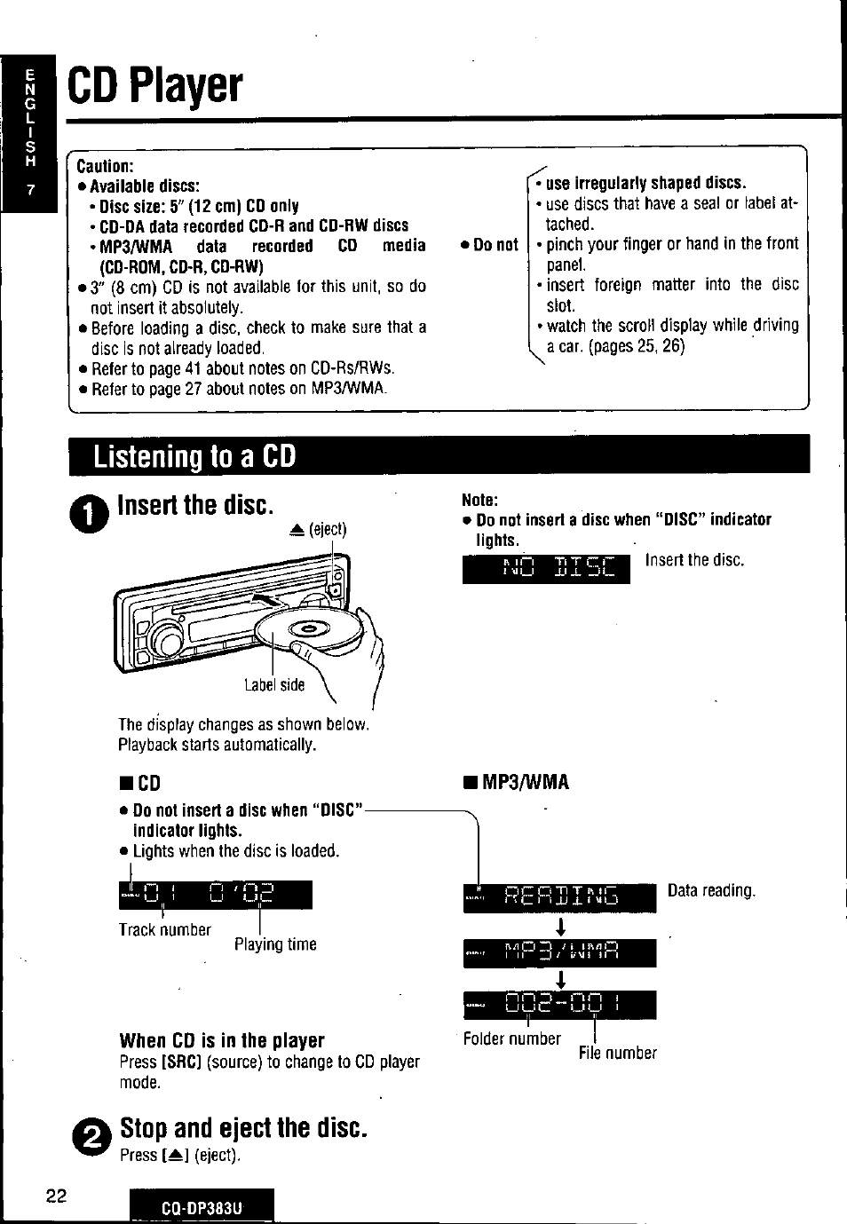 Cd player, When cd is in the player, Note | Mp3/wma, A stop and eject the disc, Listening to a cd, Insert the disc | Panasonic Removable Front Panel MP3 WMA CD Player/Receiver with CD Changer Control CQ-DP383U User Manual | Page 22 / 124