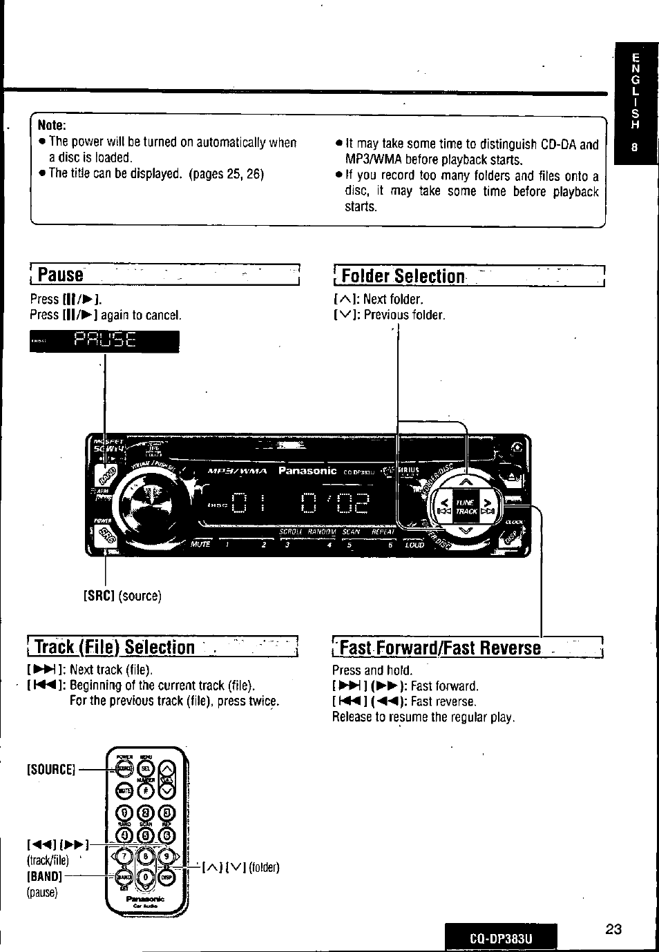 Note, Pause, Folder selection | Track (file) selection, Fast forward/fast reverse | Panasonic Removable Front Panel MP3 WMA CD Player/Receiver with CD Changer Control CQ-DP383U User Manual | Page 23 / 124