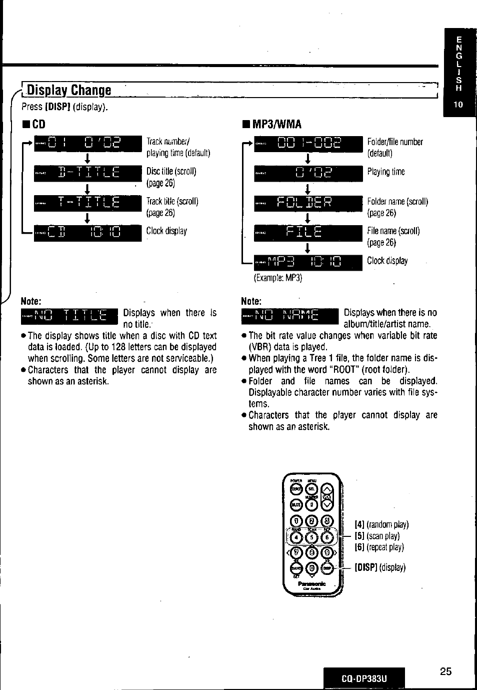 Display change, Note | Panasonic Removable Front Panel MP3 WMA CD Player/Receiver with CD Changer Control CQ-DP383U User Manual | Page 25 / 124