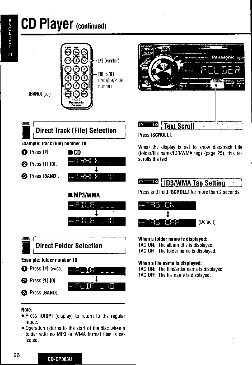 Pi i direct track (fiie) selection, Example; track (file) number 10, Íd3/wma tac setting | Direct foider seiection, When a folder name is displayed, When a file name is displayed, Cd player | Panasonic Removable Front Panel MP3 WMA CD Player/Receiver with CD Changer Control CQ-DP383U User Manual | Page 26 / 124