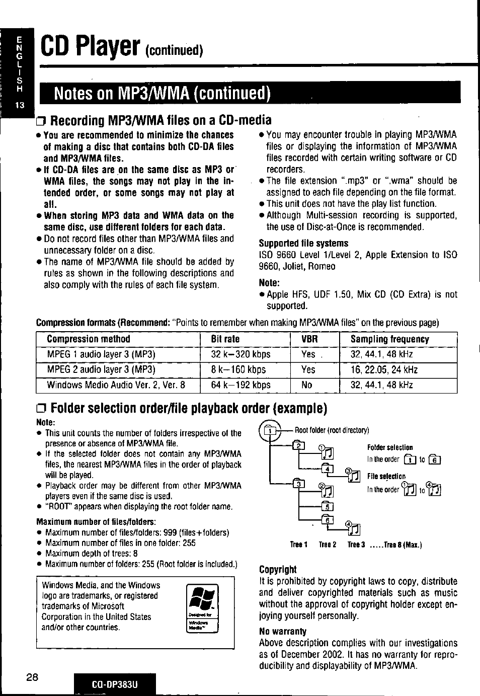 Recording mps/wmafiies on a cd, Media, Note | Copyright, Cd pl | Panasonic Removable Front Panel MP3 WMA CD Player/Receiver with CD Changer Control CQ-DP383U User Manual | Page 28 / 124