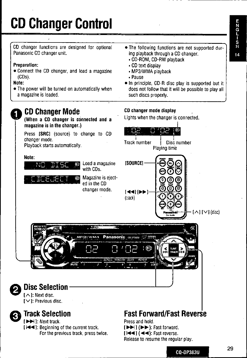 Cd changer control, Cd changer mode display, Note | Cd changer mode, Disc selection, Track selection, Fast forward/fast reverse | Panasonic Removable Front Panel MP3 WMA CD Player/Receiver with CD Changer Control CQ-DP383U User Manual | Page 29 / 124