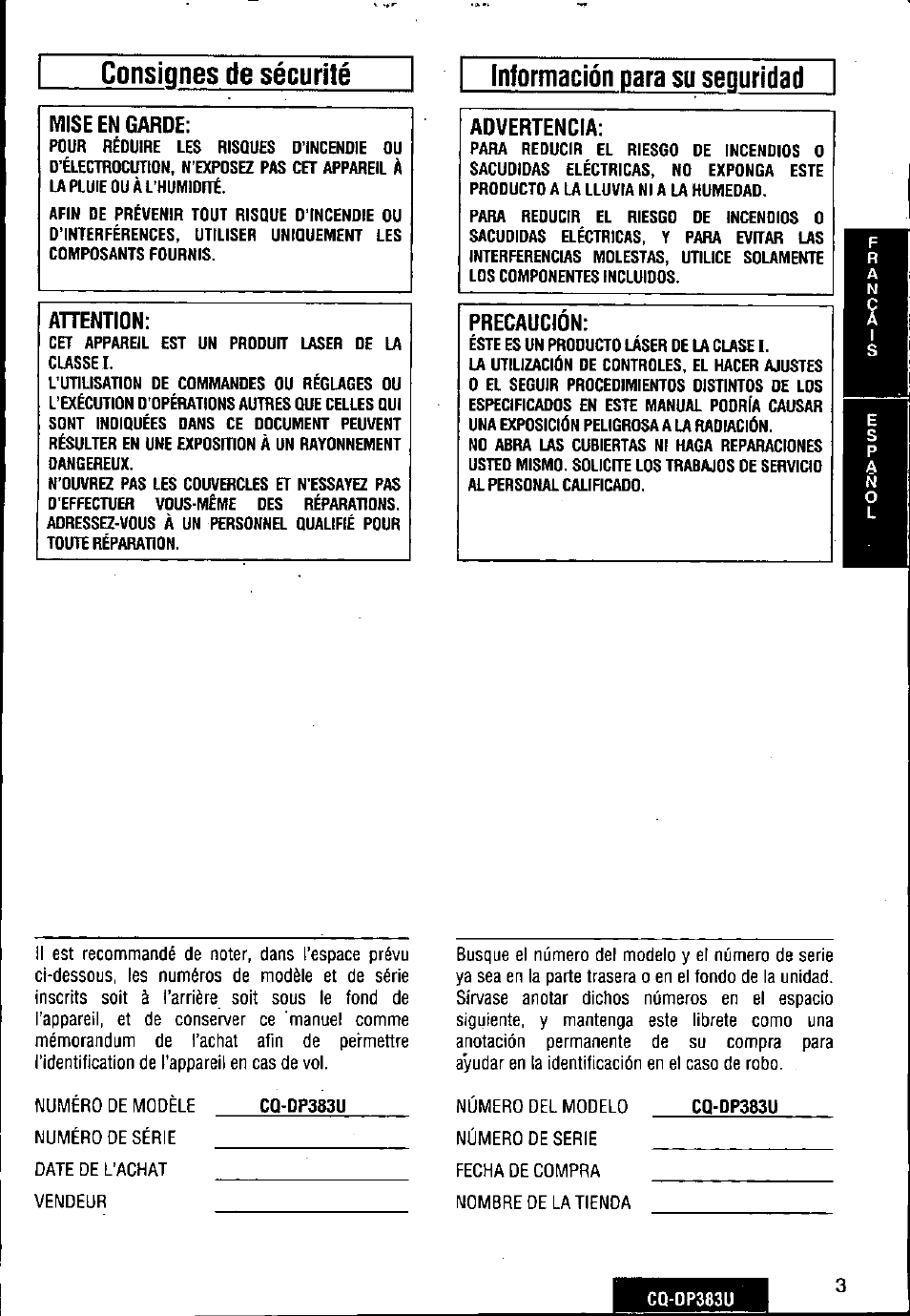 Mise en garde, Ahention, Advertencia | Precaucion | Panasonic Removable Front Panel MP3 WMA CD Player/Receiver with CD Changer Control CQ-DP383U User Manual | Page 3 / 124