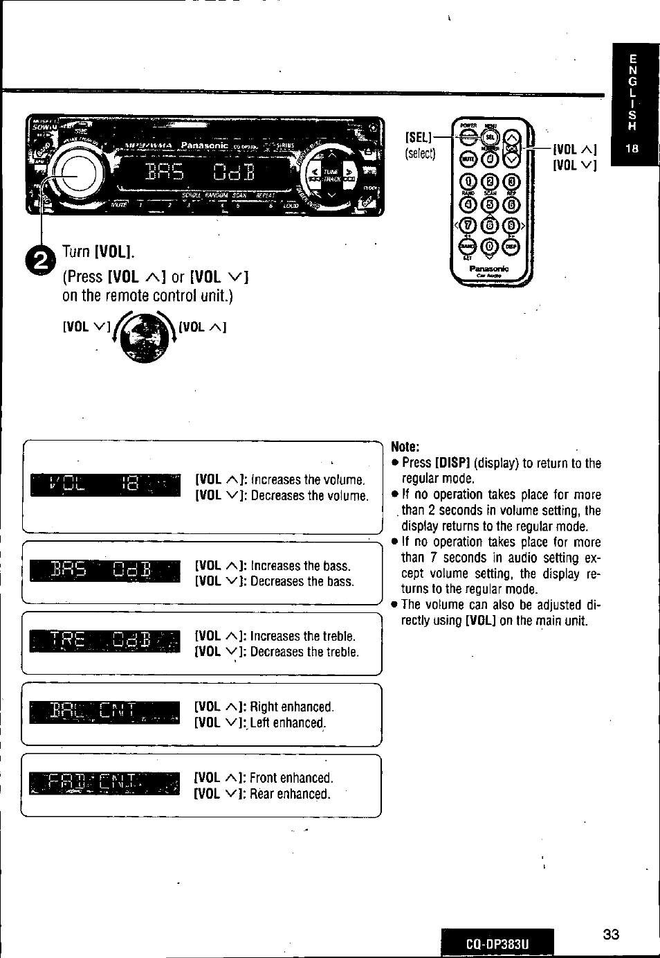 Turn [vol | Panasonic Removable Front Panel MP3 WMA CD Player/Receiver with CD Changer Control CQ-DP383U User Manual | Page 33 / 124