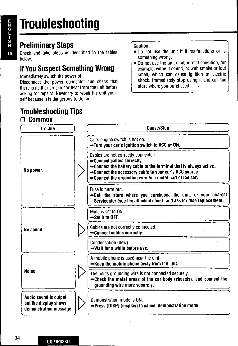 Troubleshooting, Preliminary steps, If you suspect something wrong | Troubleshooting tips, G common | Panasonic Removable Front Panel MP3 WMA CD Player/Receiver with CD Changer Control CQ-DP383U User Manual | Page 34 / 124