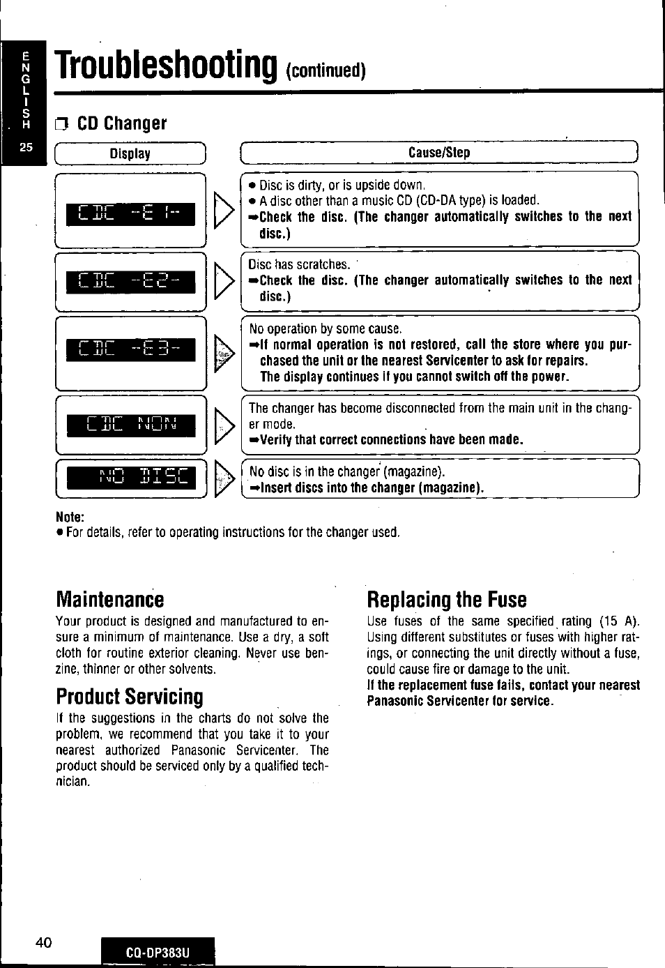 Display, Cause/step, Note | Troubibshootiny (continued) □ cd changer, Maintenance, Product servicing, Replacing the fuse | Panasonic Removable Front Panel MP3 WMA CD Player/Receiver with CD Changer Control CQ-DP383U User Manual | Page 40 / 124