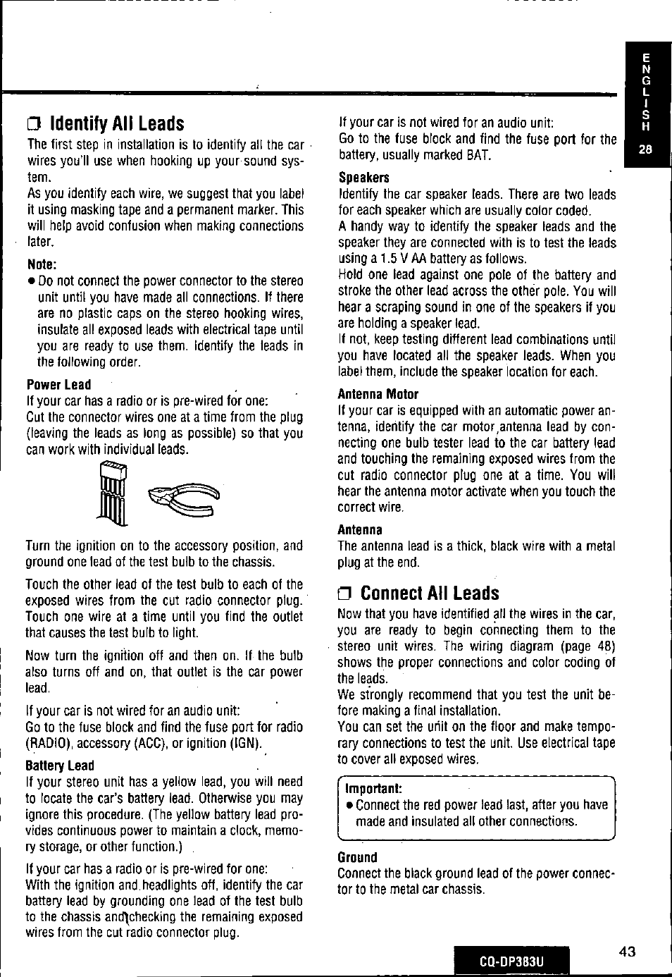 G identify all leads, Note, Power lead | Antenna motor, Antenna, G connect all leads, Important, Ground | Panasonic Removable Front Panel MP3 WMA CD Player/Receiver with CD Changer Control CQ-DP383U User Manual | Page 43 / 124
