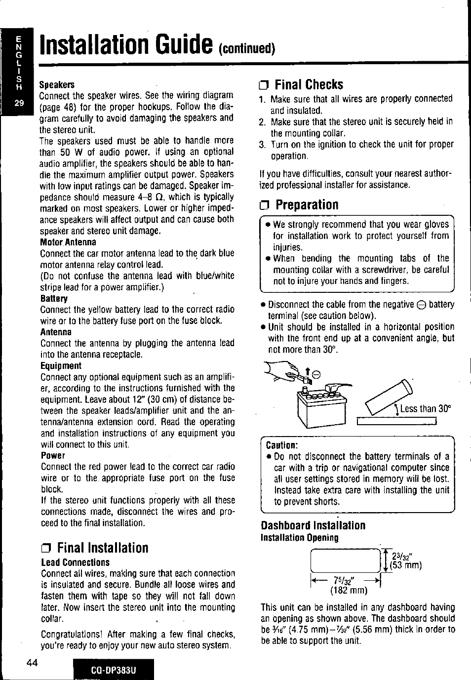 Speakers, Final installation, Final checks | D preparation, Dashboard installation, Guide d'installation, Installation guide | Panasonic Removable Front Panel MP3 WMA CD Player/Receiver with CD Changer Control CQ-DP383U User Manual | Page 44 / 124