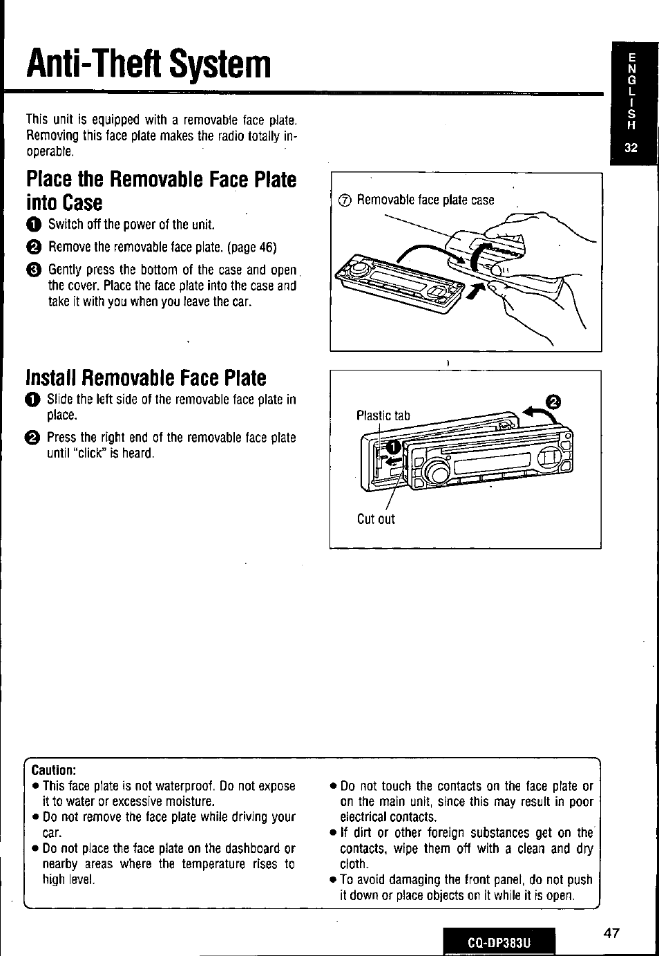 Anti-theft system, Caution, Place the removable face plate into case | Install removable face plate | Panasonic Removable Front Panel MP3 WMA CD Player/Receiver with CD Changer Control CQ-DP383U User Manual | Page 47 / 124